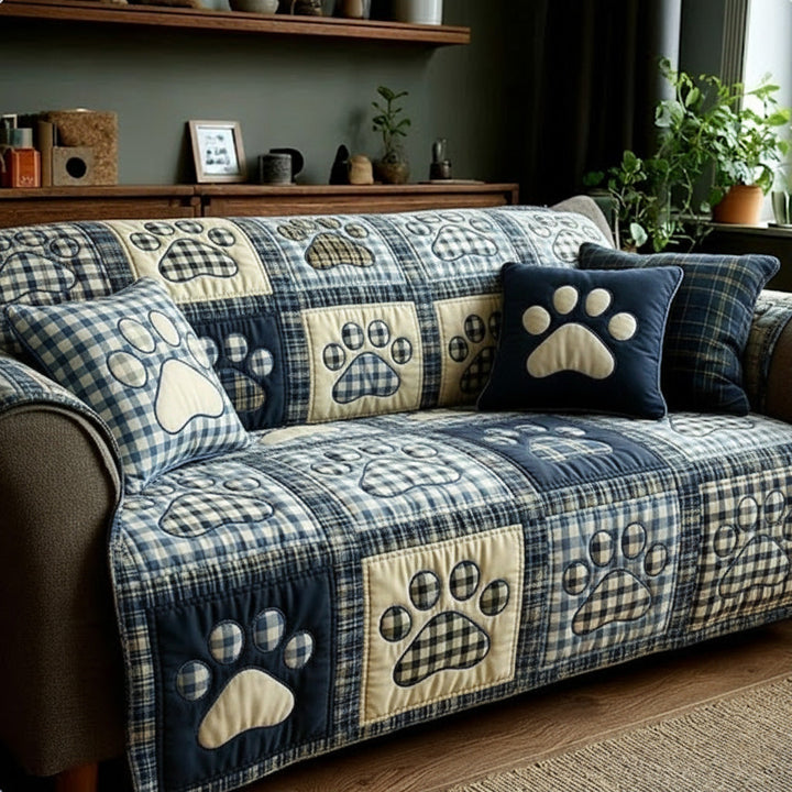 Consuelo - Quilted Sofa Cover Chequered Blue with Legs and Heart