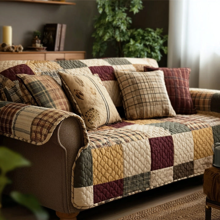 Hensley - Quilted Sofa Cover Chequered Autumn