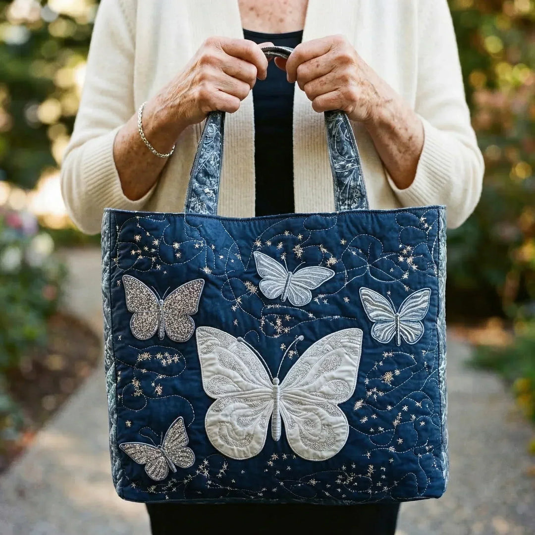 Quilted Tote Bag - Silver Butterflies