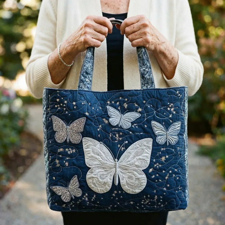 Quilted Tote Bag - Silver Butterflies