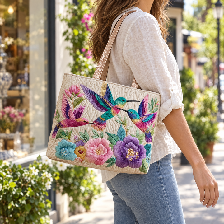 Quilted Tote Bag - Hummingbird Flower Garden