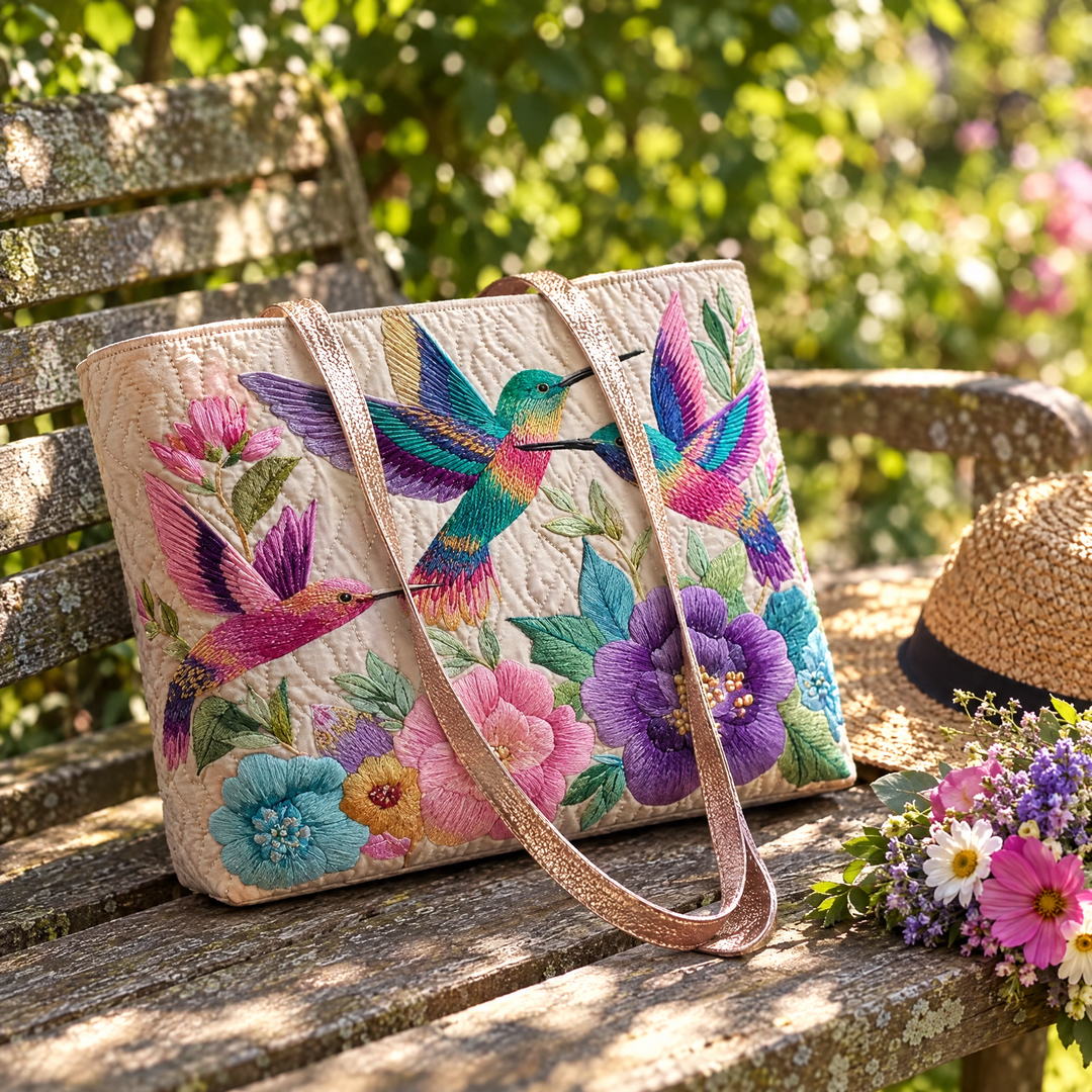 Quilted Tote Bag - Hummingbird Flower Garden